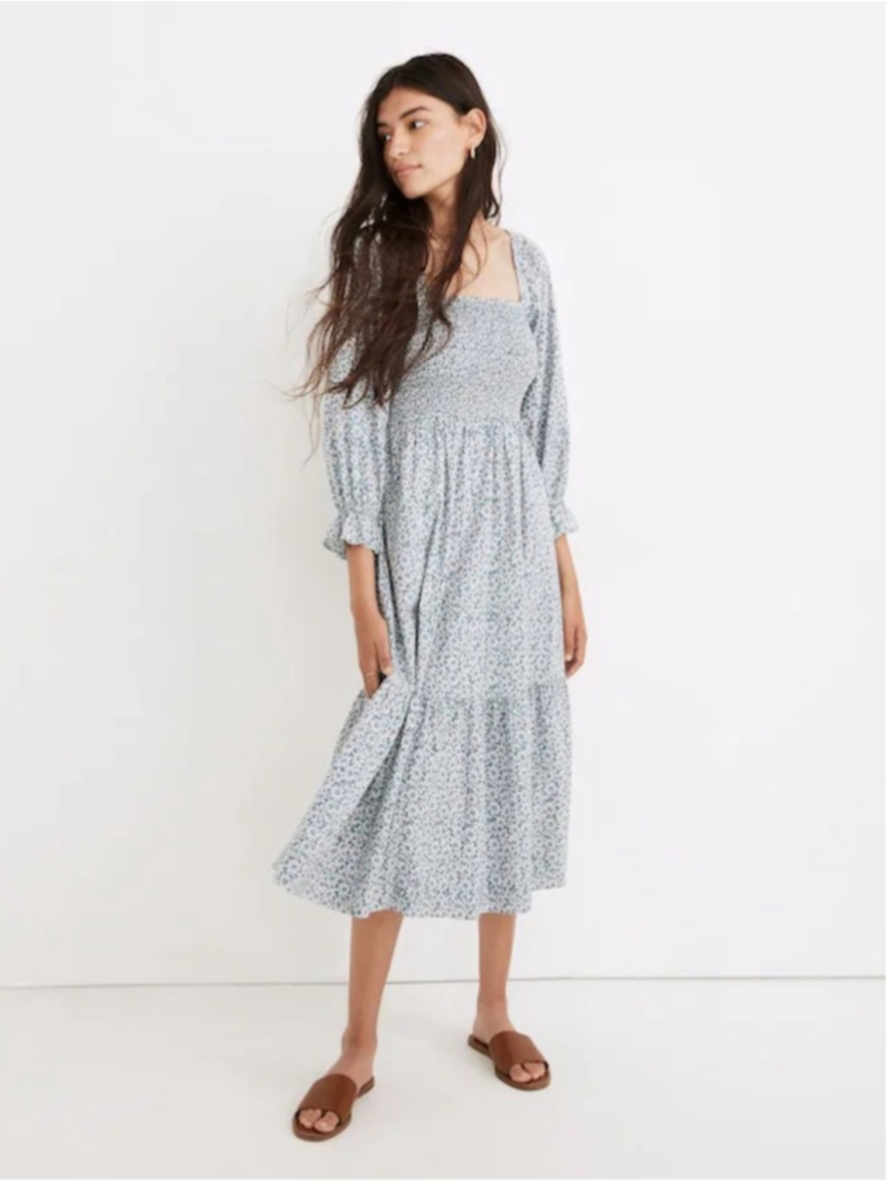 Madewell Lucie Elbow-Sleeve Smocked Midi Dress in Sunflower Field Sz Small